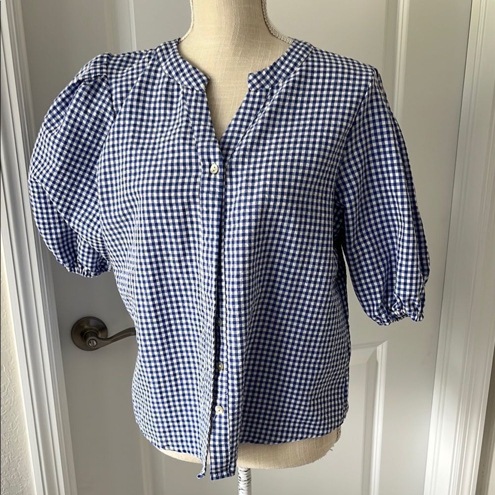 Joie Blue and White Puff Sleeve Button Down Top NWOT